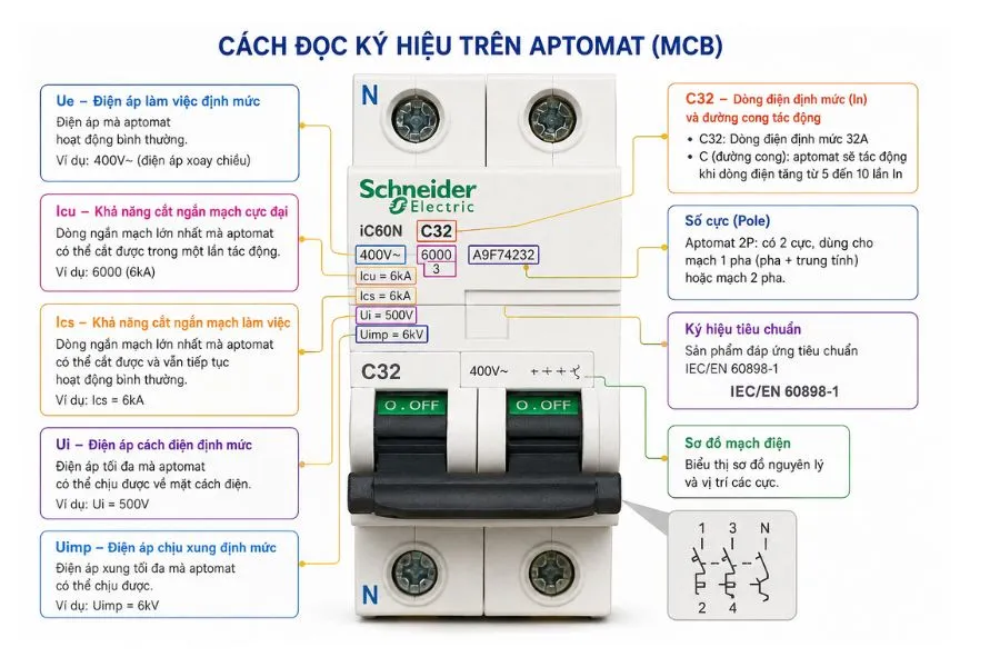 Aptomat là gì? Cấu tạo, nguyên lý hoạt động và cách chọn Aptomat cho nhà ở gia đình 4 Ký hiệu trên Aptomat