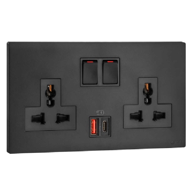 Ổ cắm đa năng kèm USB-A+C 27W Legrand Obria MEC33077 5 Ổ cắm đôi đa năng có công tắc kèm USB type-A&C 27W MEC33077BL