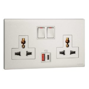 Ổ cắm đa năng kèm USB-A+C 27W Legrand Obria MEC33077 10 Ổ cắm đôi đa năng có công tắc kèm USB type-A&C 27W MEC33077CH