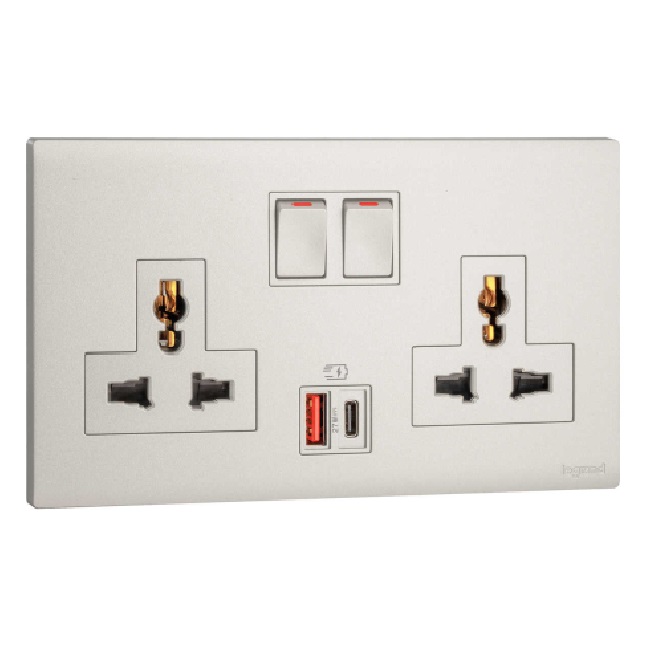 Ổ cắm đa năng kèm USB-A+C 27W Legrand Obria MEC33077 6 Ổ cắm đôi đa năng có công tắc kèm USB type-A&C 27W MEC33077CH