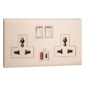 Ổ cắm đa năng kèm USB-A+C 27W Legrand Obria MEC33077 8 Ổ cắm đôi đa năng có công tắc kèm USB type-A&C 27W MEC33077RG