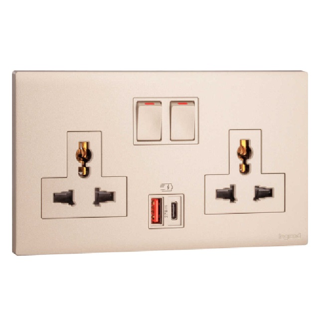 Ổ cắm đa năng kèm USB-A+C 27W Legrand Obria MEC33077 4 Ổ cắm đôi đa năng có công tắc kèm USB type-A&C 27W MEC33077RG