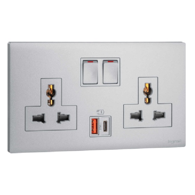 Ổ cắm đa năng kèm USB-A+C 27W Legrand Obria MEC33077 7 Ổ cắm đôi đa năng có công tắc kèm USB type-A&C 27W MEC33077SL