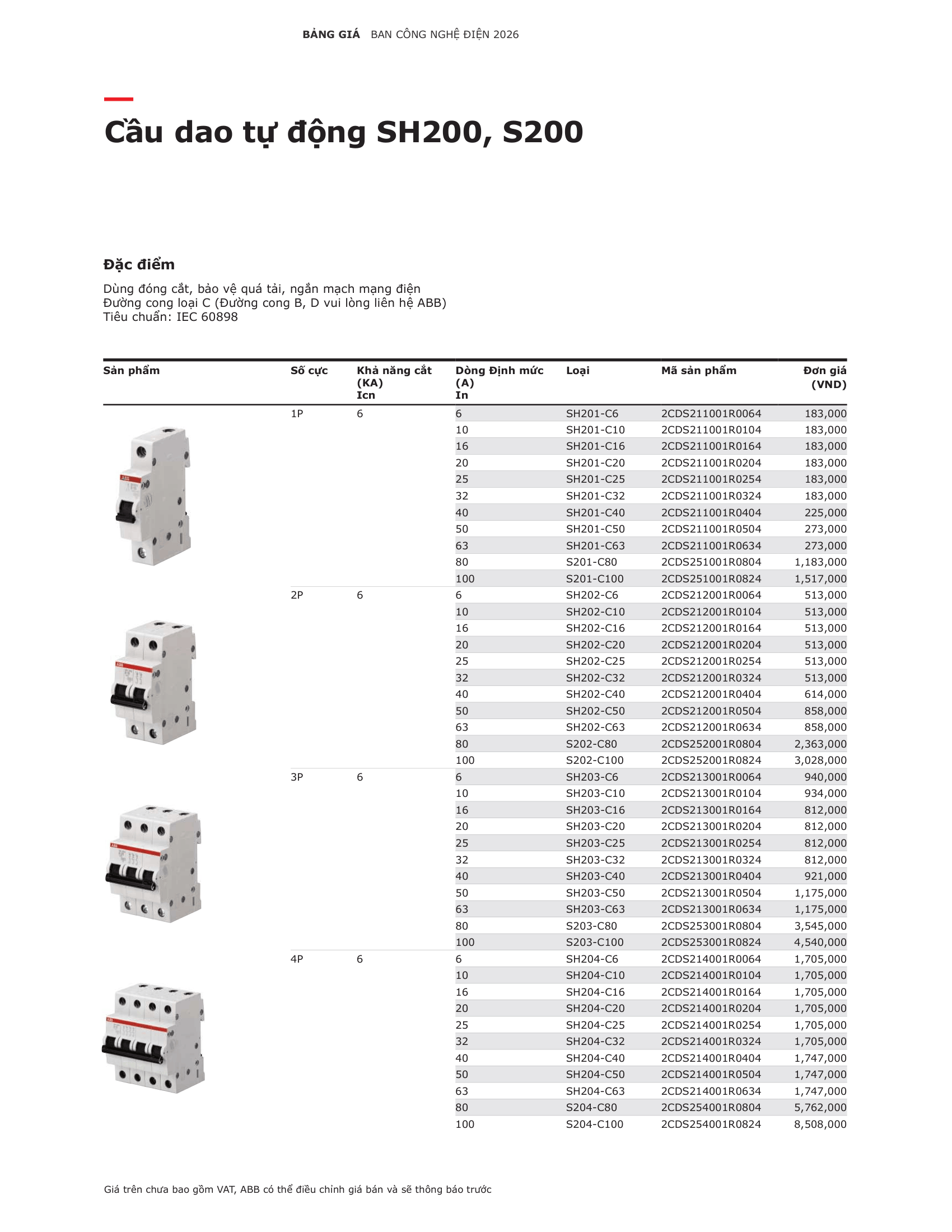 MCB ABB SH200 2P 6A-63A 6kA 2CDS212001R 7 Bảng giá Cầu dao tự động MCB ABB SH200 mới nhất